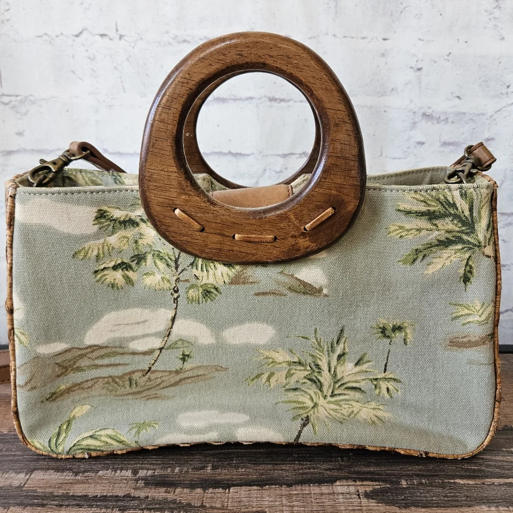 Vintage Fossil Island Palm Print Woven Rattan Wood Handle Handbag